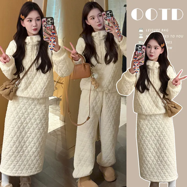 时尚孕妇冬季新款欧洲站格纹夹棉卫衣阔腿裤半身裙孕妇套装两件套