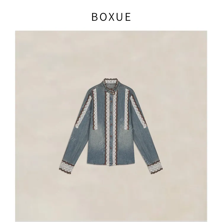 BOXUE“漫城”2025秋季蕾丝刺绣拼接牛仔轻奢 衬衫#251213CS7679