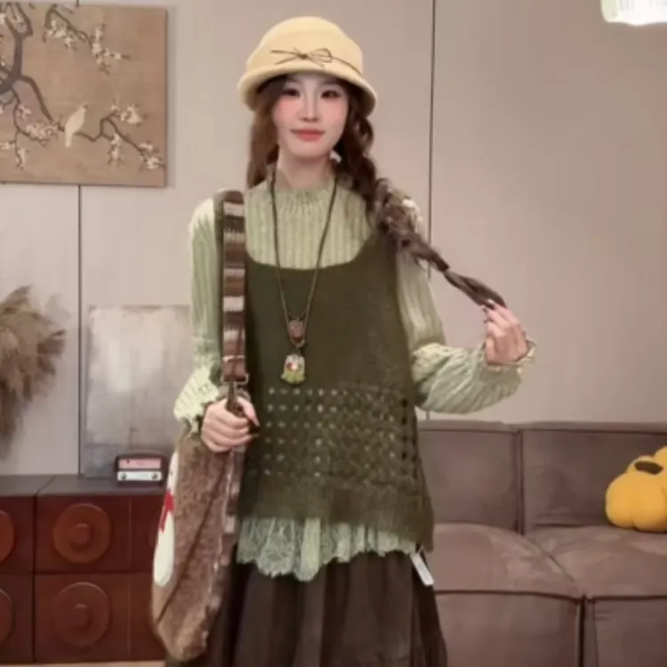 VGVL马甲【华夫格】秋季常规U型领拼接毛衣洋气毛针织衫上衣50176