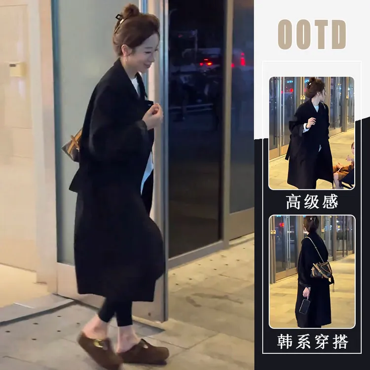 2025年秋冬季新款小个子慵懒风简约百搭时尚中长款黑色长袖外套女