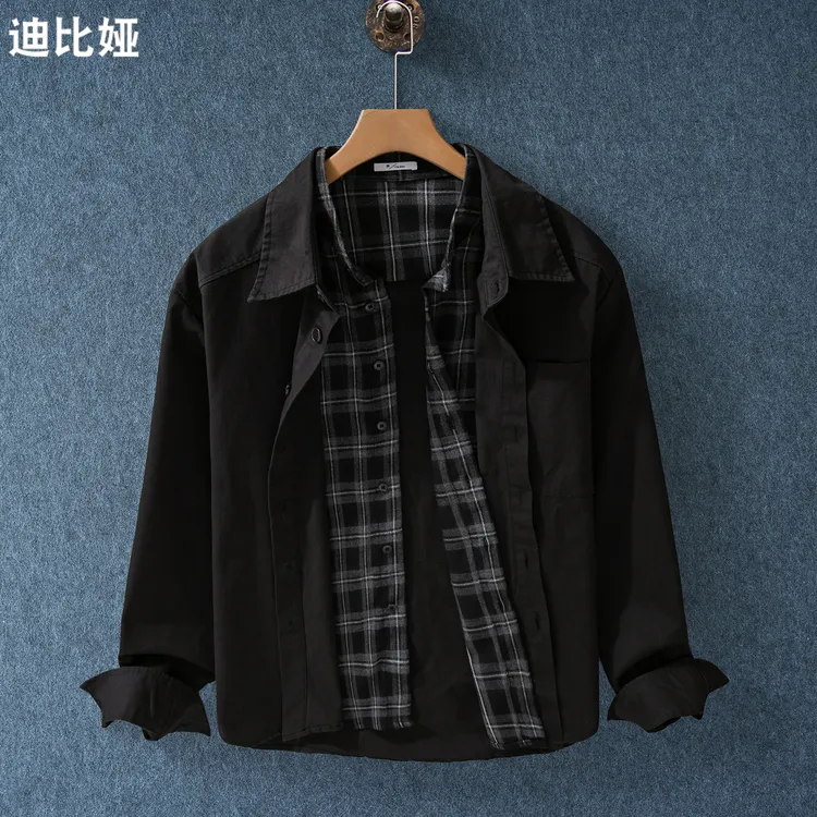 迪比娅翻领格纹夹克男生秋冬季美式复古宽松假两件格子衬衫外套Y