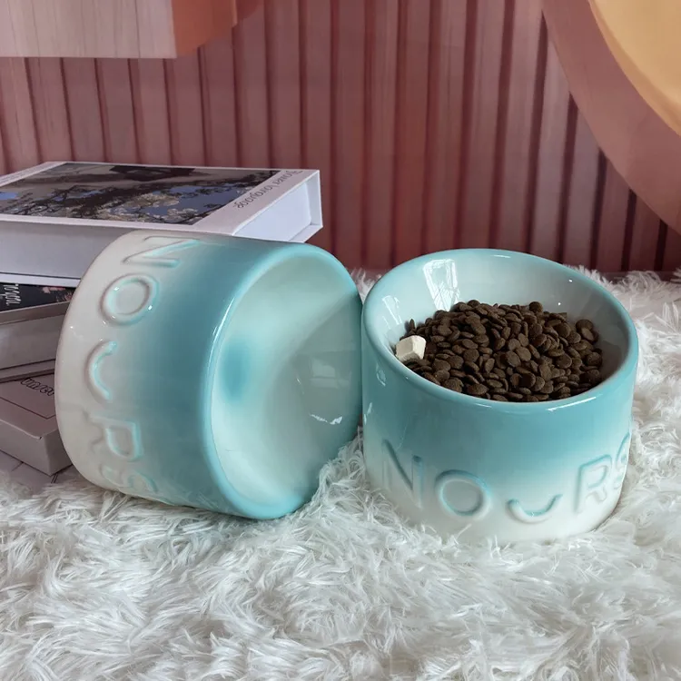 陶瓷猫碗猫盆高脚斜口青绿色狗碗宠物碗简约创意渐变色兔子碗