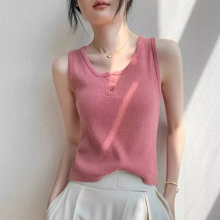 纽扣圆领无袖针织背心女2025春夏新款别致修身纯色衬衫内搭上衣女