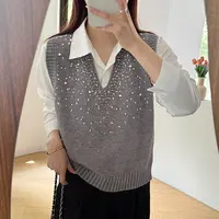 带钻珍珠V领马甲女亮片宽松无袖针织衫纯色套头背心上衣外搭新款