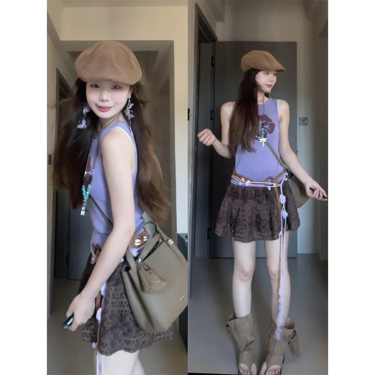 法式独特短上衣花朵撞色无袖背心修身提花内搭工艺镂空半身裙短裙