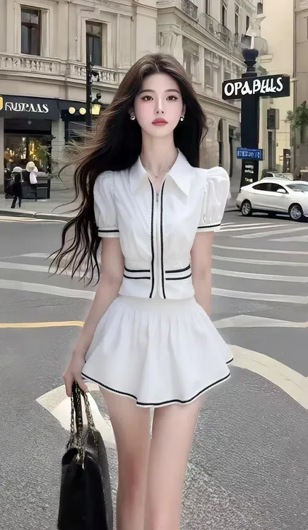 时尚小众千金风白色翻领拉链设计短袖上衣+白色百搭显瘦半身裙女