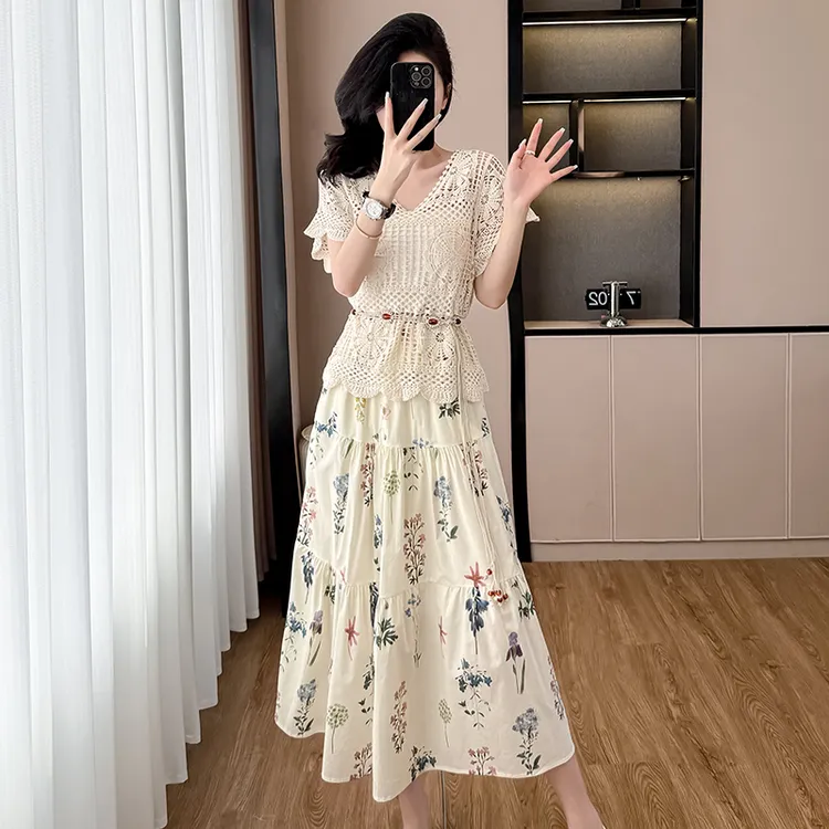 实拍复古镂空收腰系带叠穿罩衫女夏季抹胸吊带背心碎花蛋糕裙套装