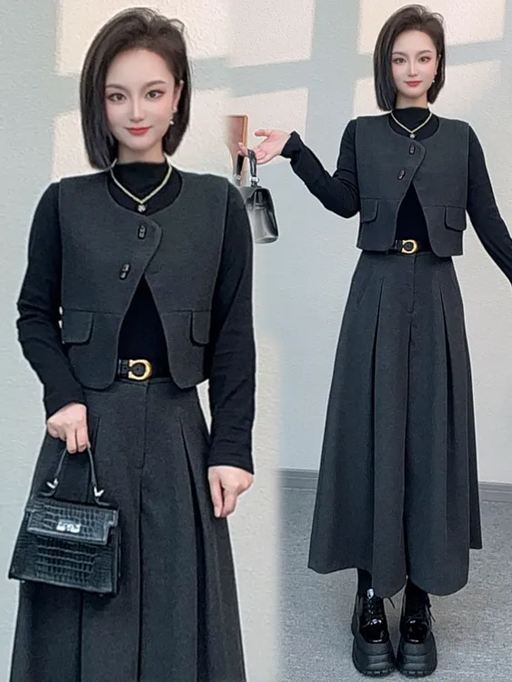 【赠运费险】女2025秋季新款洋气高领打底衫开衫马甲阔腿裤裙三件套