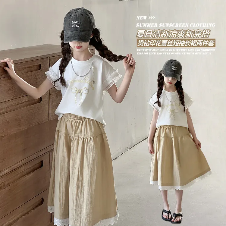 女童夏装套装2025新款儿童洋气短袖中大童夏季宽松半身裙两件套潮