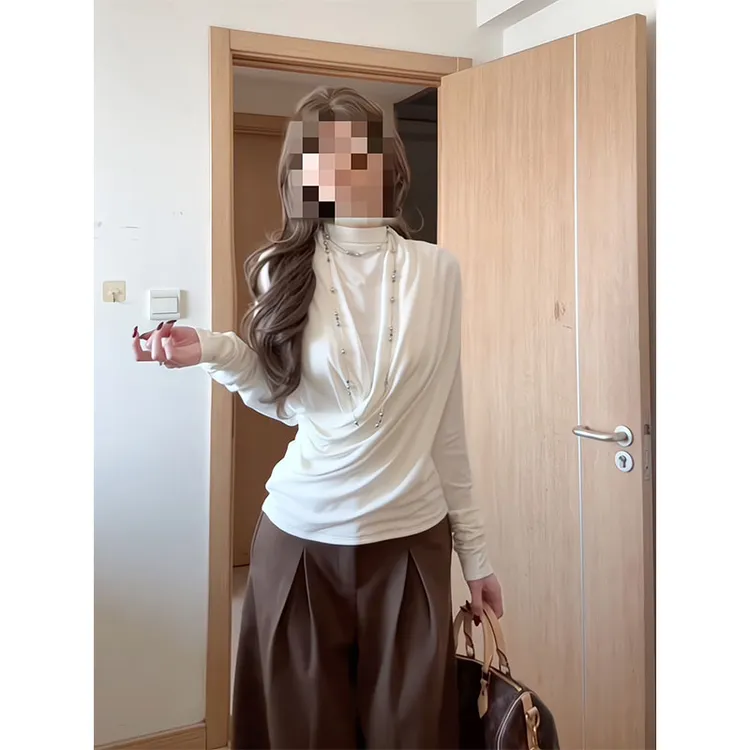 辣妹长袖t恤女2025秋冬季新款气质收腰白色内搭打底衫咖色休闲裤