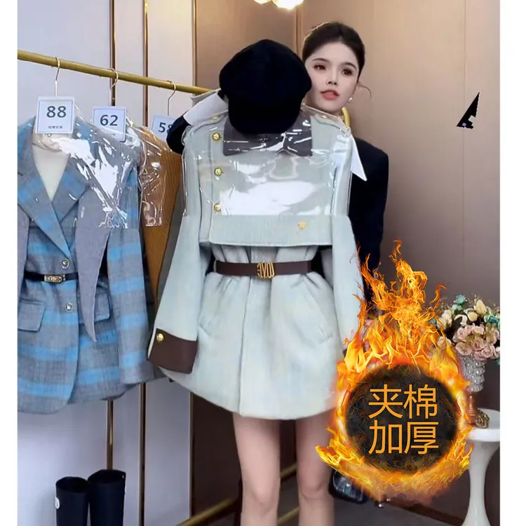 小香风毛呢拼接夹棉加厚外套女2026新款冬季今年流行爆款小个子