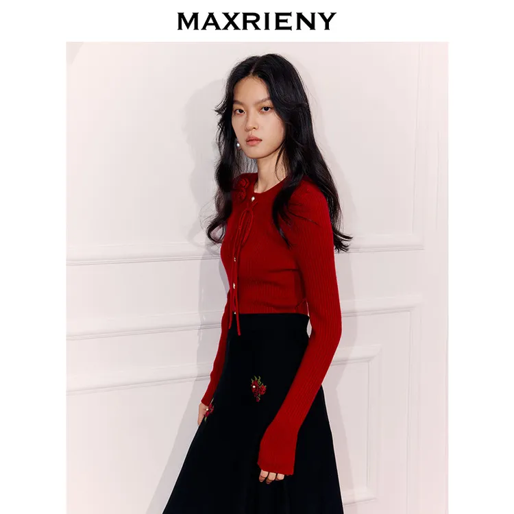 MAXRIENY浓郁红土色穿搭毛针织衫25冬款羊毛打底衫修身长袖上衣