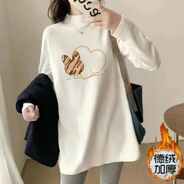 德绒半高领秋冬加绒加厚保暖打底衫女宽松百搭长袖恤中长款上衣