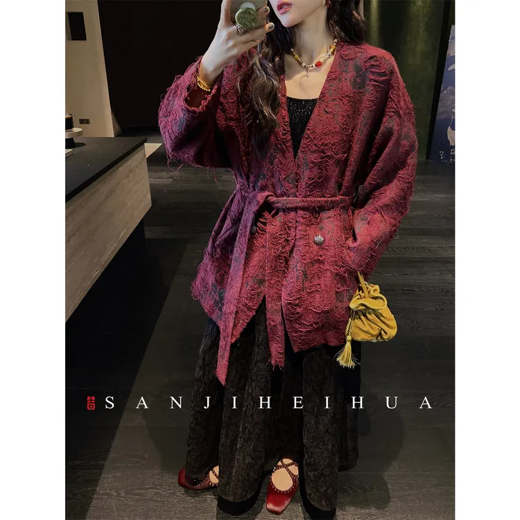 三吉黑花【西廊下】2025新款流行爆款双层织造流苏加绒禅意外套