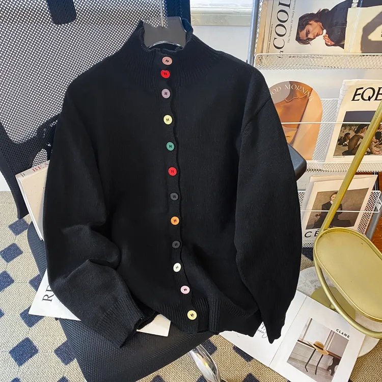 别致彩色扣子高领长袖针织毛衣女秋冬黑色显瘦开衫纯色上衣外套潮
