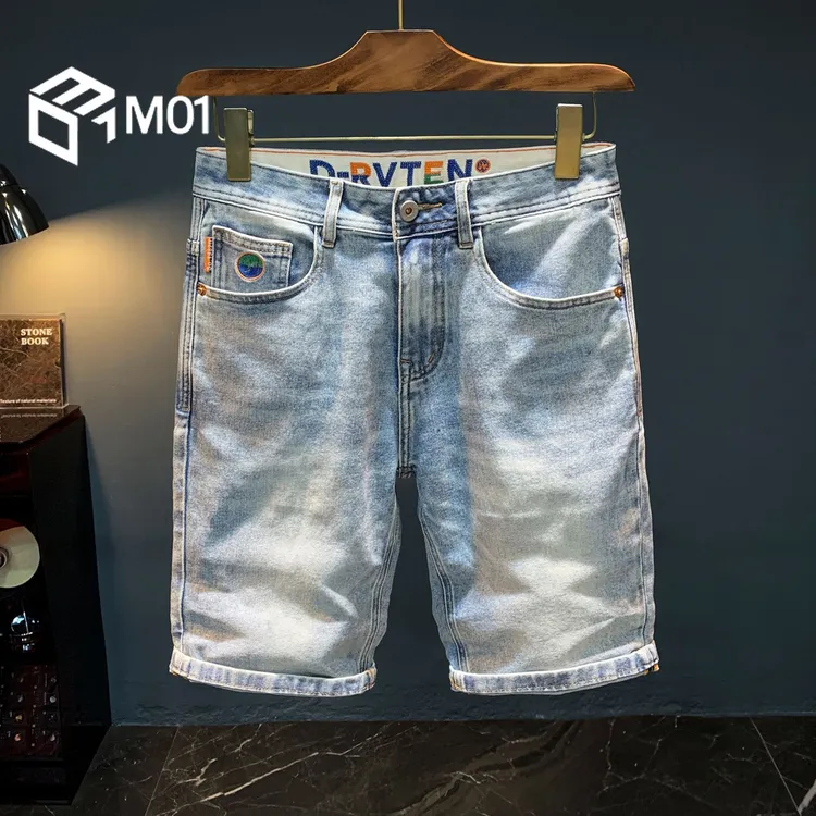 M01直筒修身牛仔短裤夏季薄款潮流弹力五分裤浅蓝色水洗百搭中裤
