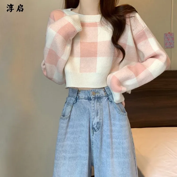 淳启粉色短款毛衣女春秋新款内搭针织打底衫小个子穿搭高级上衣潮
