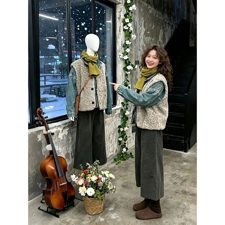 初冬搭配一整套复古松弛感穿搭毛毛马甲叠穿牛仔衬衫九分裤三件套