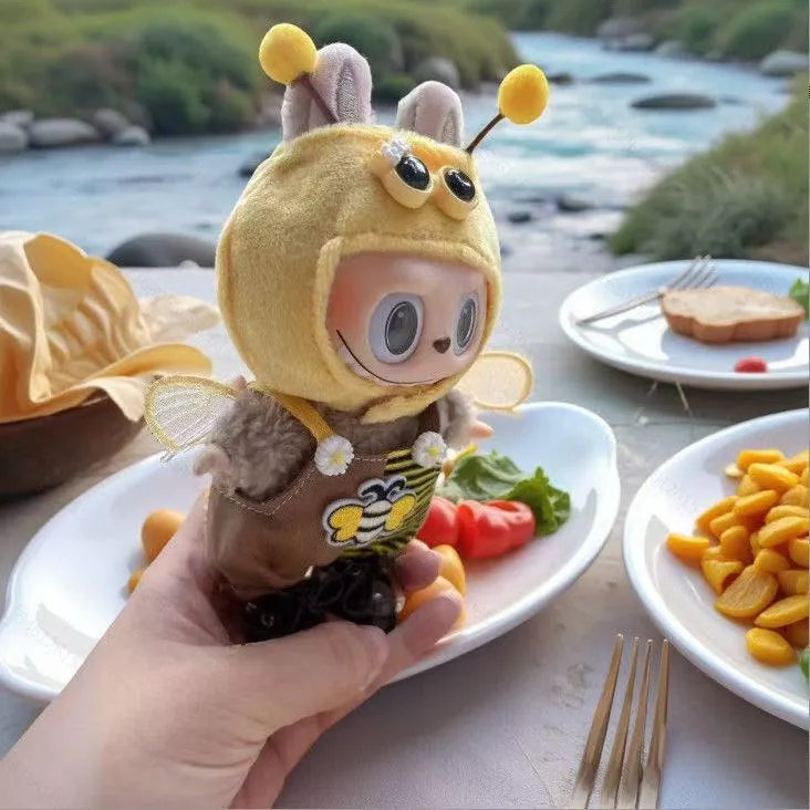 可爱小蜜蜂labubu娃衣17cm连体服背带裤换装拉布布衣服着替套装