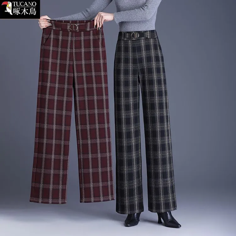啄木鸟毛呢格子裤女时髦减龄休闲裤2025年新款秋冬高腰宽松阔腿裤