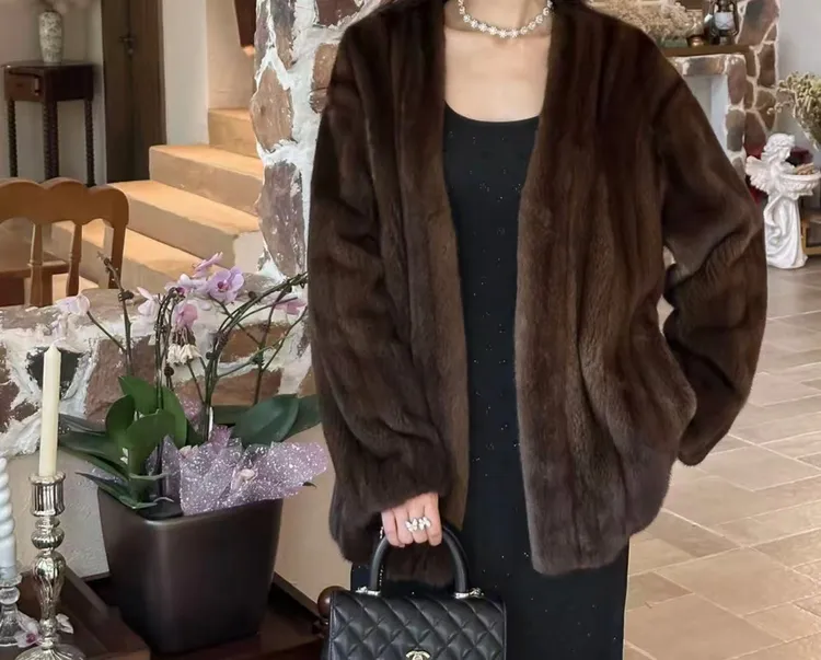 进口复古貂绒V领秋冬时尚富婆贵气外套大衣设计师女款冬季8891