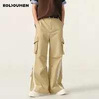 Holdoumen25夏季日常系列条纹织带刺绣打褶工装裤