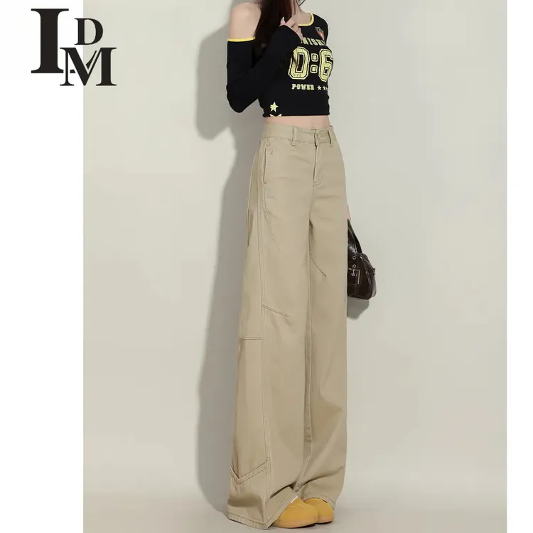 LDM/靓迪梦卡其色高腰阔腿牛仔裤女2025新款裤子女款爆款2025