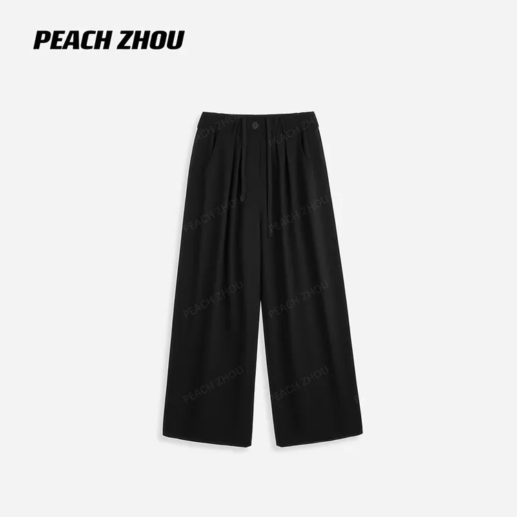 『PEACHZHOU』羊毛混纺压褶抽绳宽松西装休闲裤松紧腰通勤阔腿长裤