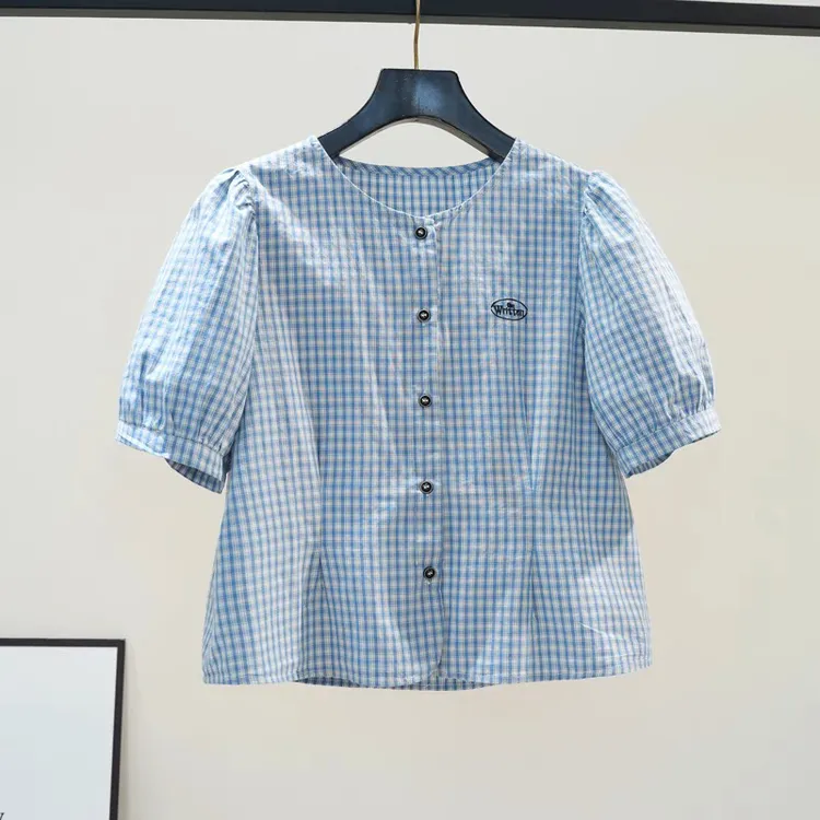 复古风蓝色格子衬衫女刺绣字母短款衬衣圆领泡泡袖百搭上衣2025夏