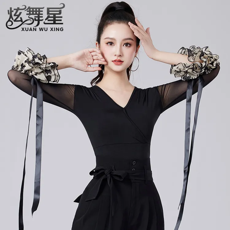 新款拉丁舞上衣女士气质V领摩登舞服性感成人网纱拼接形体训练服