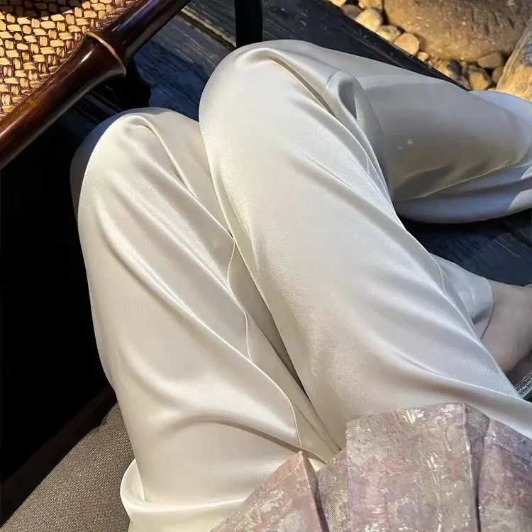 醋酸缎面薄款凉凉白色阔腿长裤子女高腰垂感夏季女装禅意仙气飘飘