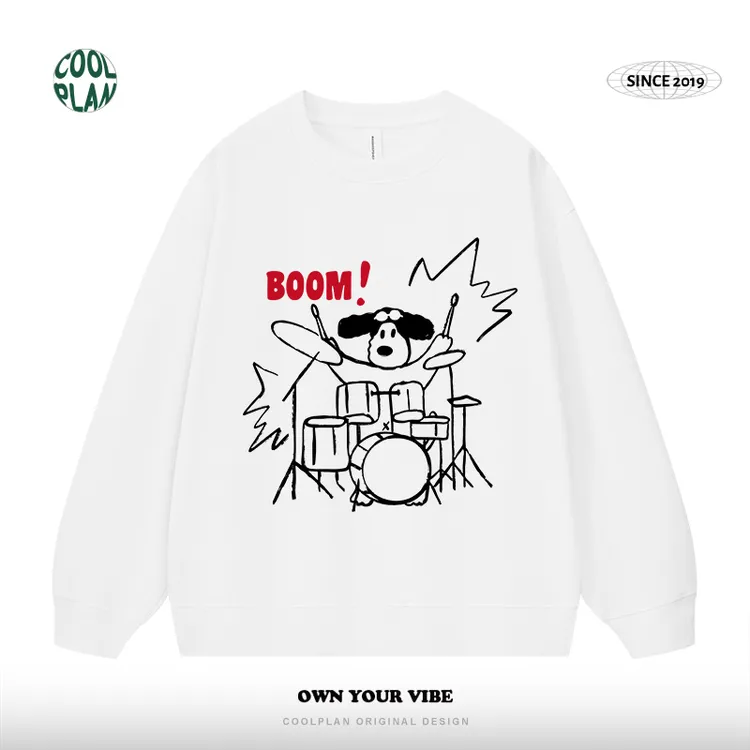 CoolPlan摇滚小狗美式手绘架子鼓圆领卫衣潮秋季男女慵懒宽松上衣