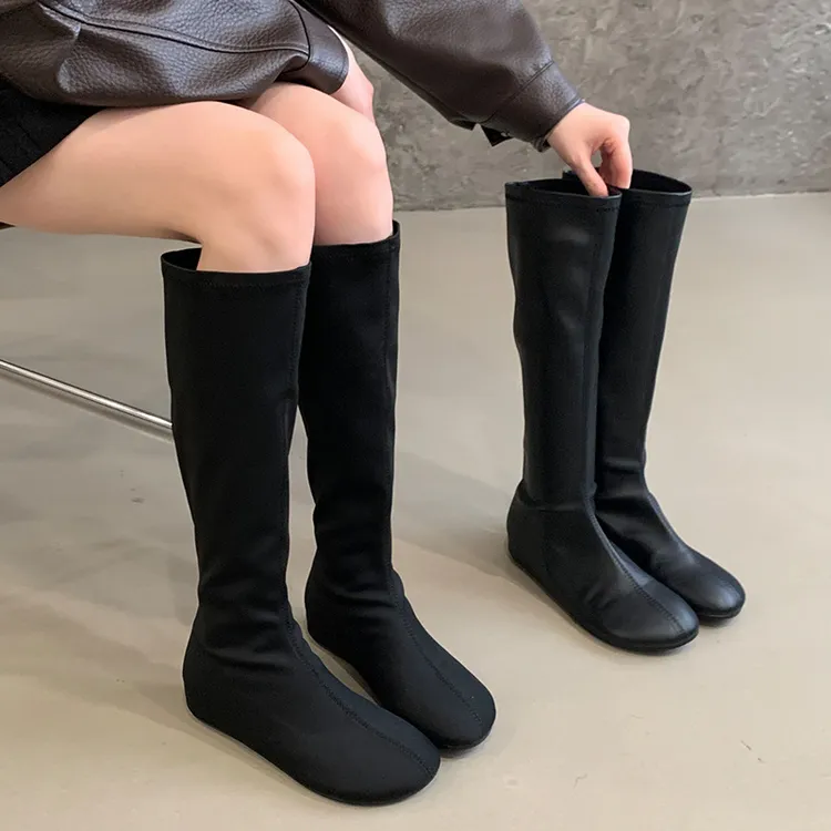 复古小众设计长靴芒果头平底弹力靴2025秋冬新款靴子百搭瘦瘦靴