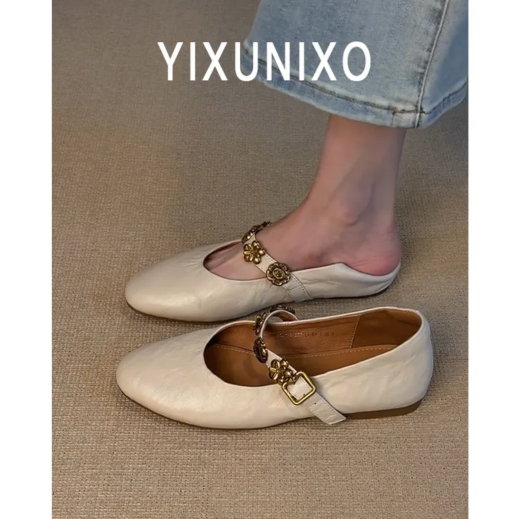 羊皮版~法式金属一字扣带低跟单鞋女浅口配裙子芭蕾舞鞋玛丽珍鞋