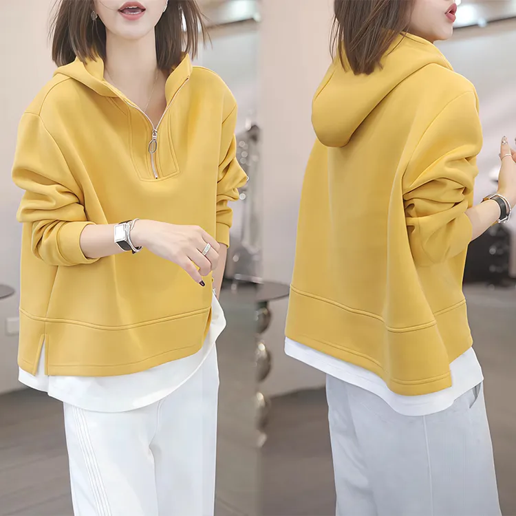 2025秋季新款时尚连帽拉链半开襟上衣拼色假两件长袖卫衣女款