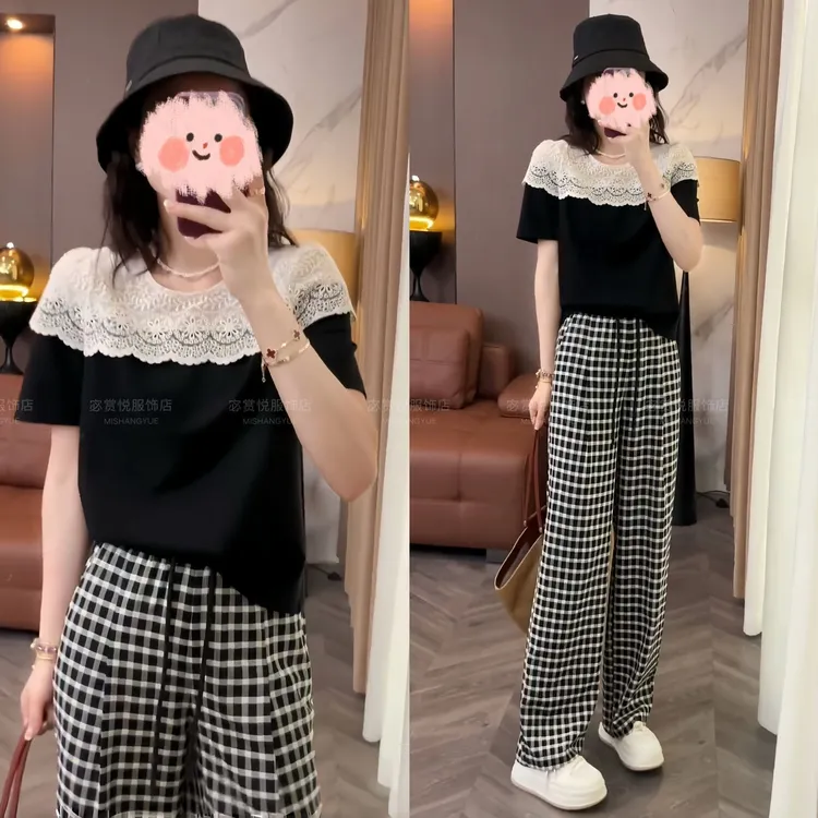洋气衣服女2025夏季蕾丝拼接短袖T恤上衣百搭格子休闲裤气质套装