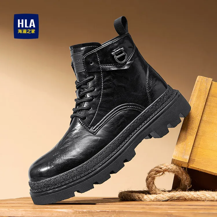 HLA/海澜之家男鞋2025秋冬新款高帮皮面马丁靴户外防滑耐磨工装靴