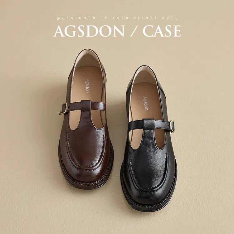 奥古狮登玛丽珍单鞋女2025新款春季厚底棕色小皮鞋复古粗跟乐福鞋