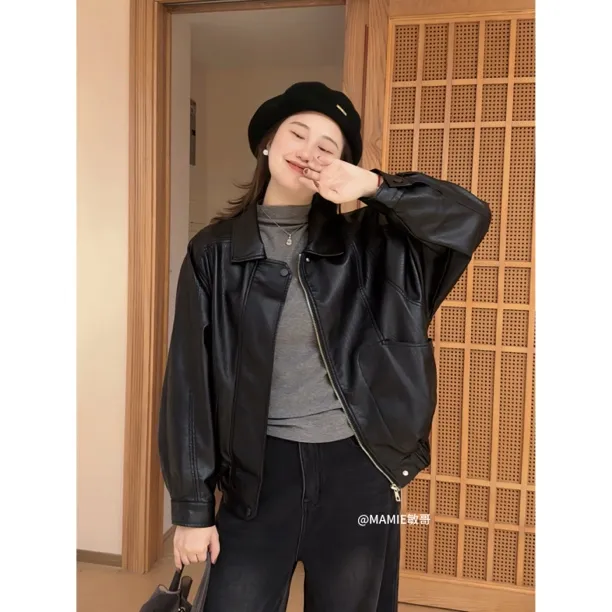 MAMIE【质感皮衣】秋冬百搭通勤翻领蛋白皮美式复古黑色PU皮衣外套
