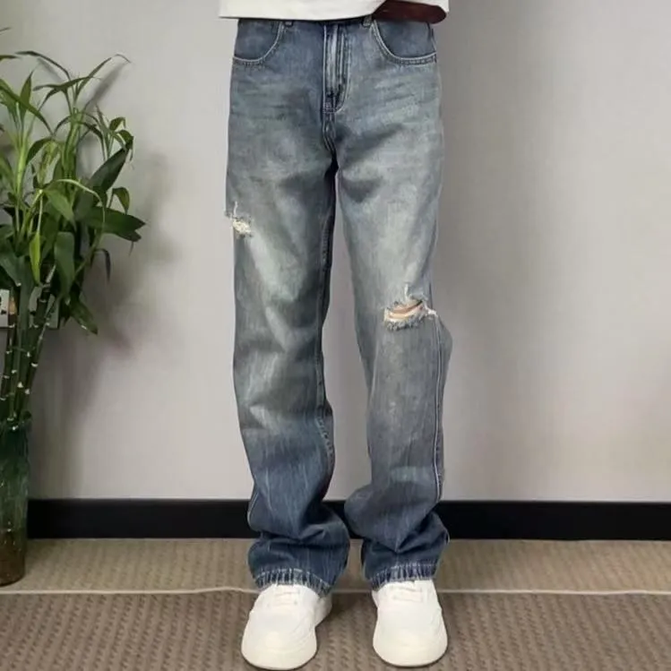 25春夏复古蓝休闲男美式复古直筒牛仔裤水洗做旧宽松男士长裤子