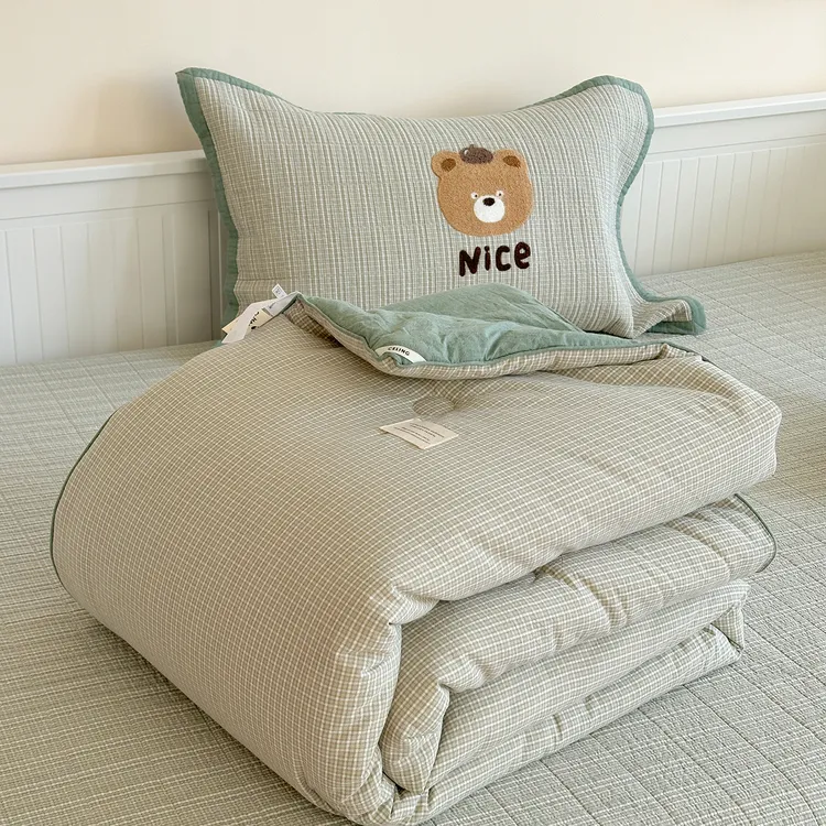 2025新款色织毛巾绣水洗棉床盖三件套+被子可机洗裸睡春秋被冬被