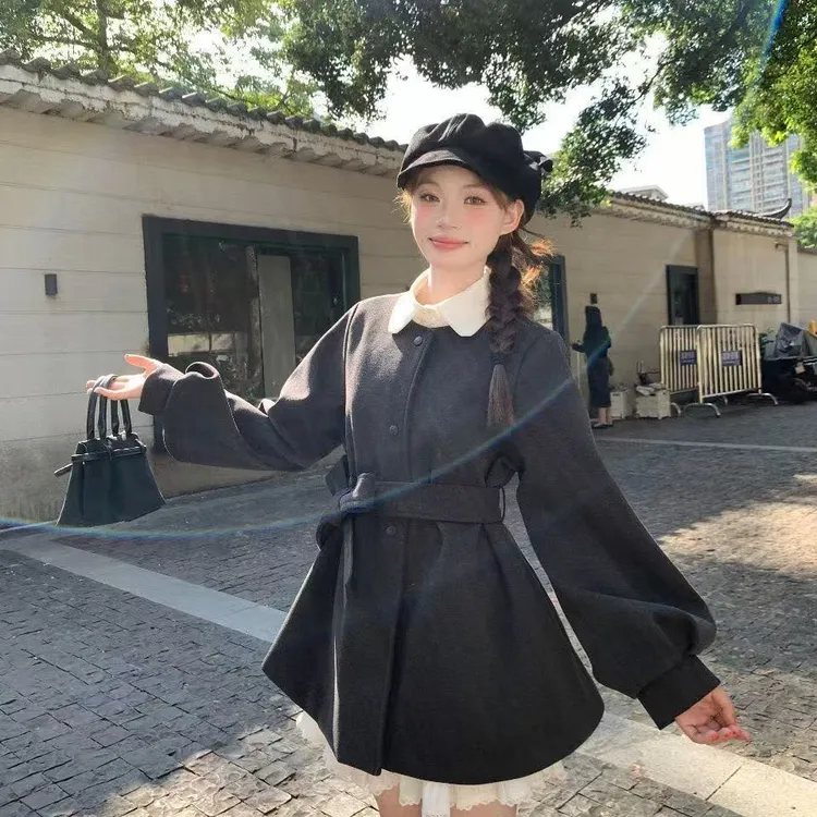 冬季保暖加厚毛呢外套女2025秋冬保暖显瘦灯笼袖中长款大衣爆款