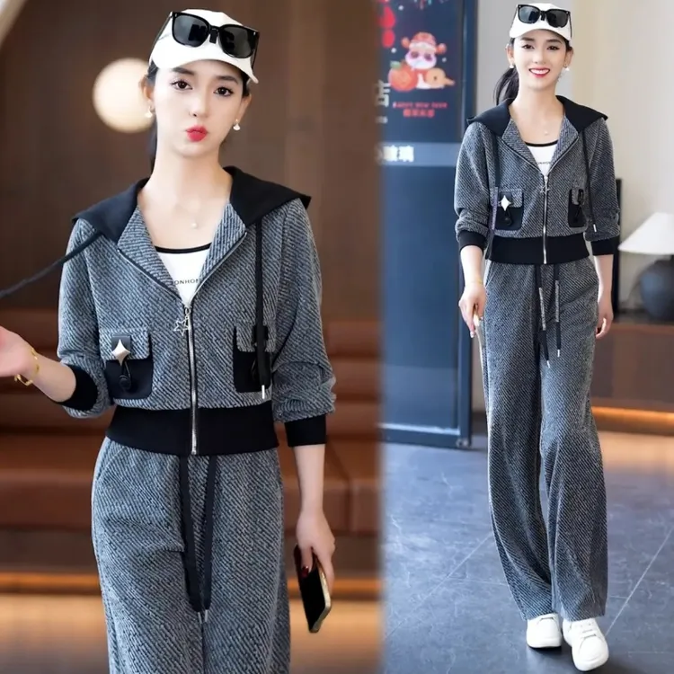 2025春秋季新款休闲运动服套装女士时尚百搭连帽外套阔腿裤两件套