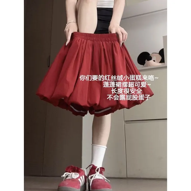红色花苞裙裤女夏季薄款高腰显瘦防走光半身裙小个子a字蓬蓬短裙