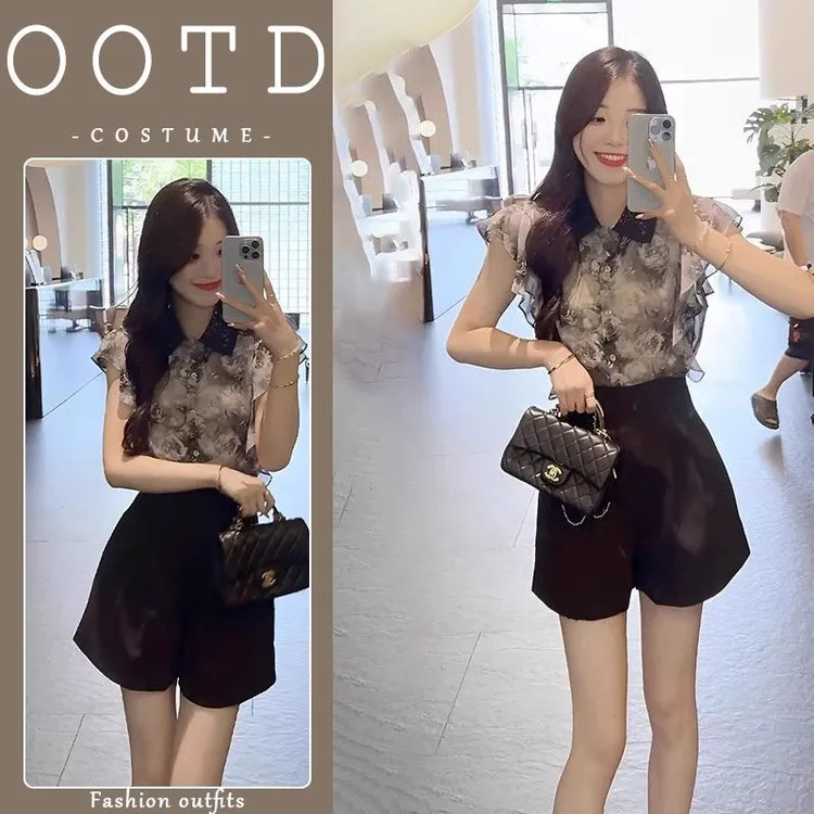 盐系轻熟两件套装2025夏季高级感碎花雪纺衫高腰遮胯显瘦西装短裤