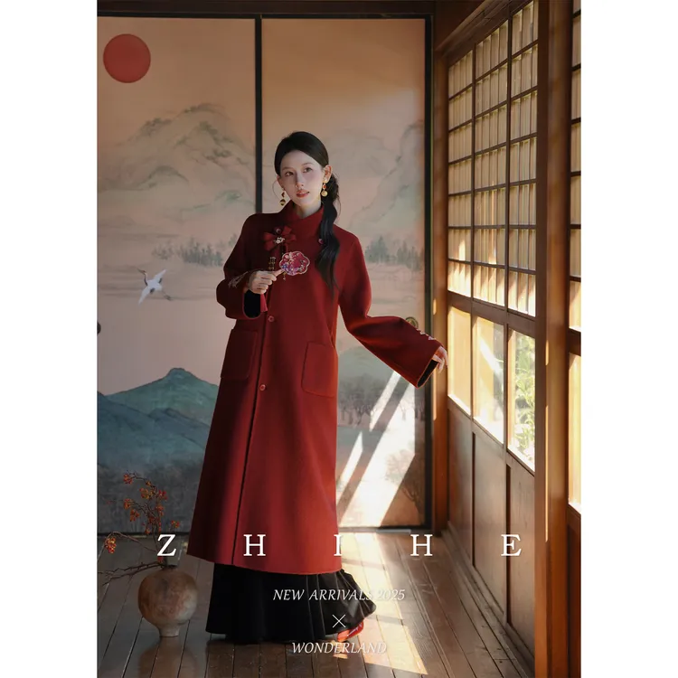 无艳一禾【瑞龙呈祥】手工坊-双面穿100羊毛国风刺绣双面呢大衣