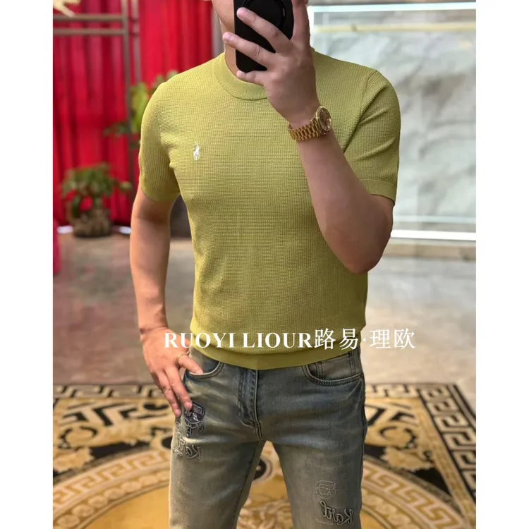 【路易理欧】2025欧货男士纯色设计感伊力特菠萝纹胸标短袖T恤0262