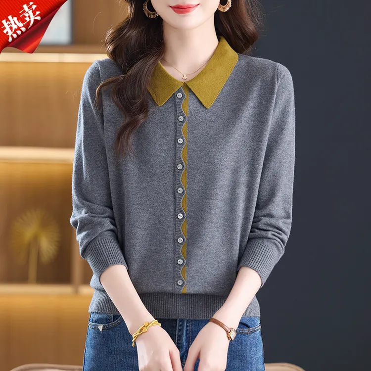 【原版正品】羊毛衫女秋冬新品翻领拼色时尚套头妈妈装针织打底毛衣
