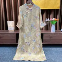 『汐沅』新中式复古高级黄时尚提花连衣裙气质中国风设计师款裙子