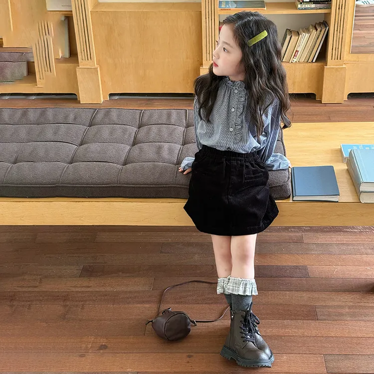 女童设计感个性前短后长字母衬衣花边袖口格子花边衬衫儿童秋